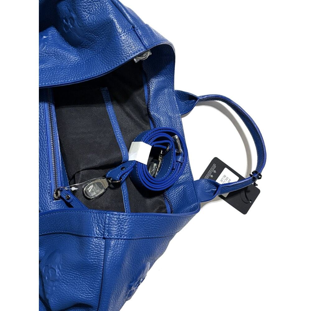 IO PELLE Skull Embossed Blue Leather Tote Bag XL Weekender Crossbody Strp NWT - Picture 11 of 14